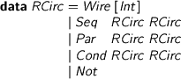  >data RCirc = Wire [Int] > | Seq RCirc RCirc > | Par RCirc RCirc > | Cond RCirc RCirc > | Not 