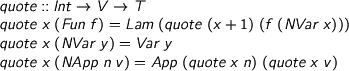  \begin{code} quote :: Int -> V -> T quote x (Fun f) = Lam (quote (x+1) (f (NVar x))) quote x (NVar y) = Var y quote x (NApp n v) = App (quote x n) (quote x v) \end{code} 